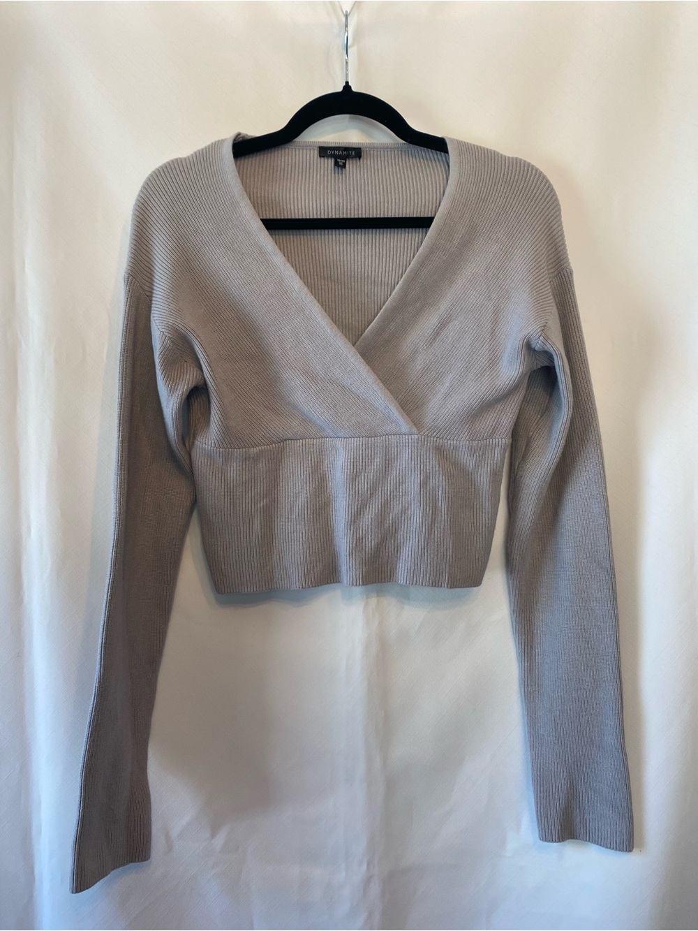 Dynamite Women's Ribbed Wrap V-Neck Long Sleeve Crop Sweater Taupe XS Minimalist